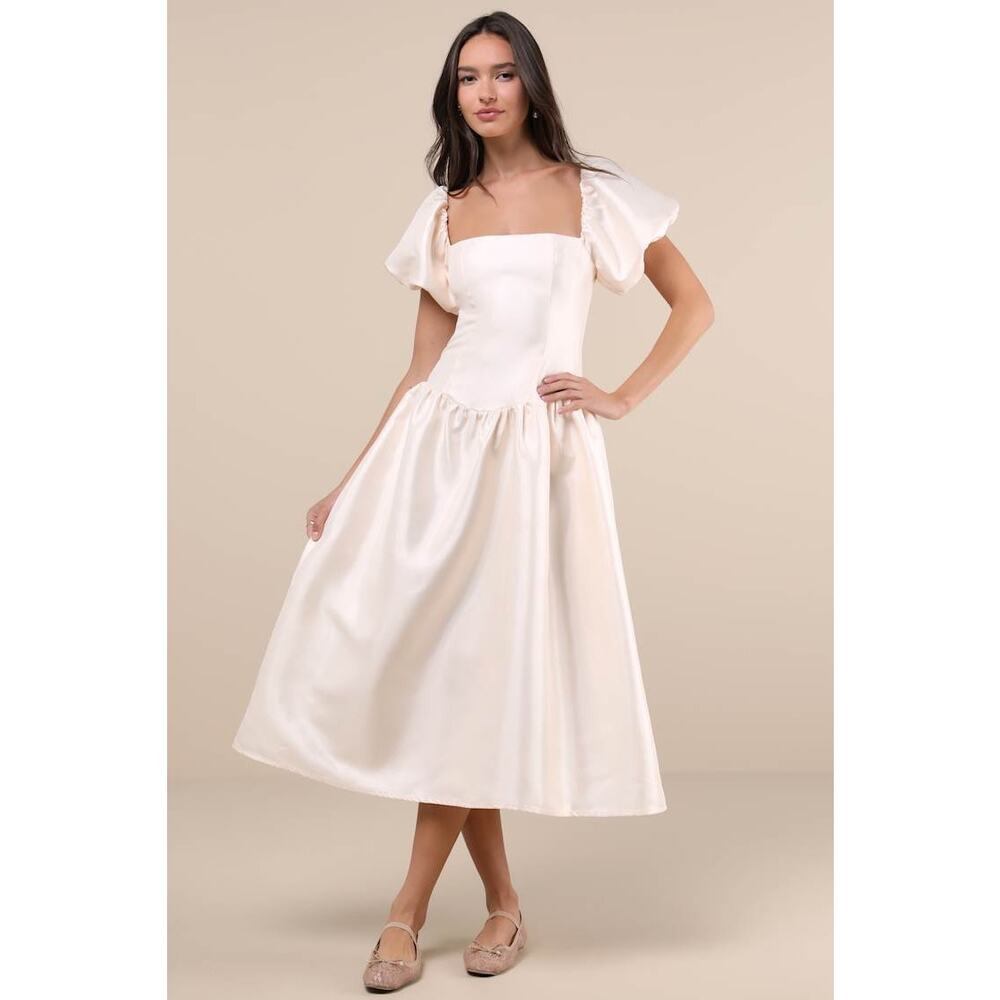 NWT Lulus Exclusive Charm Cream Taffeta Puff Sleeve Midi Dress Soft Cocktail S